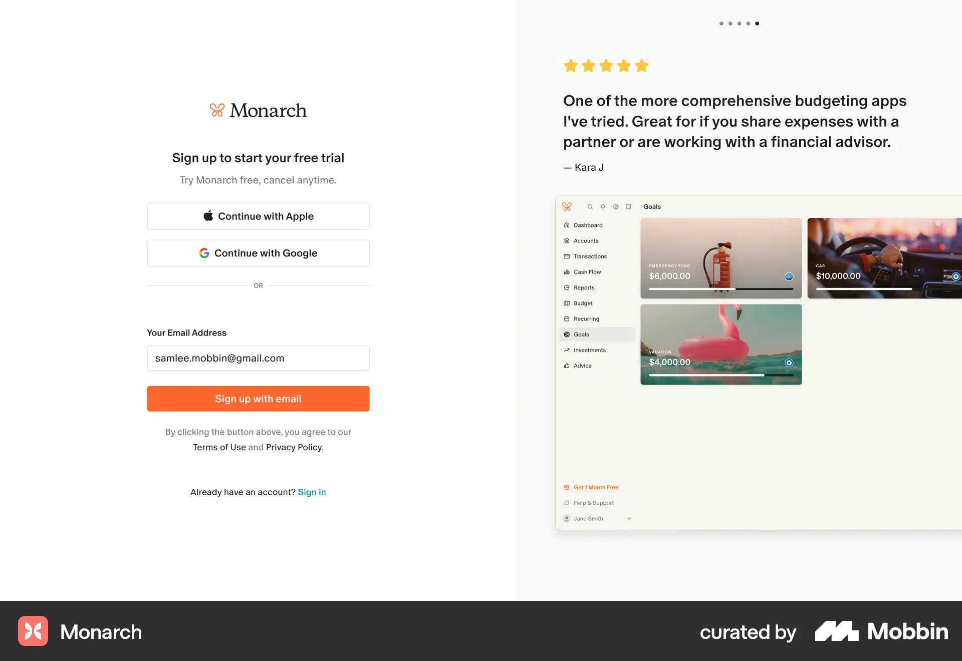 Monarch Web Signup screen