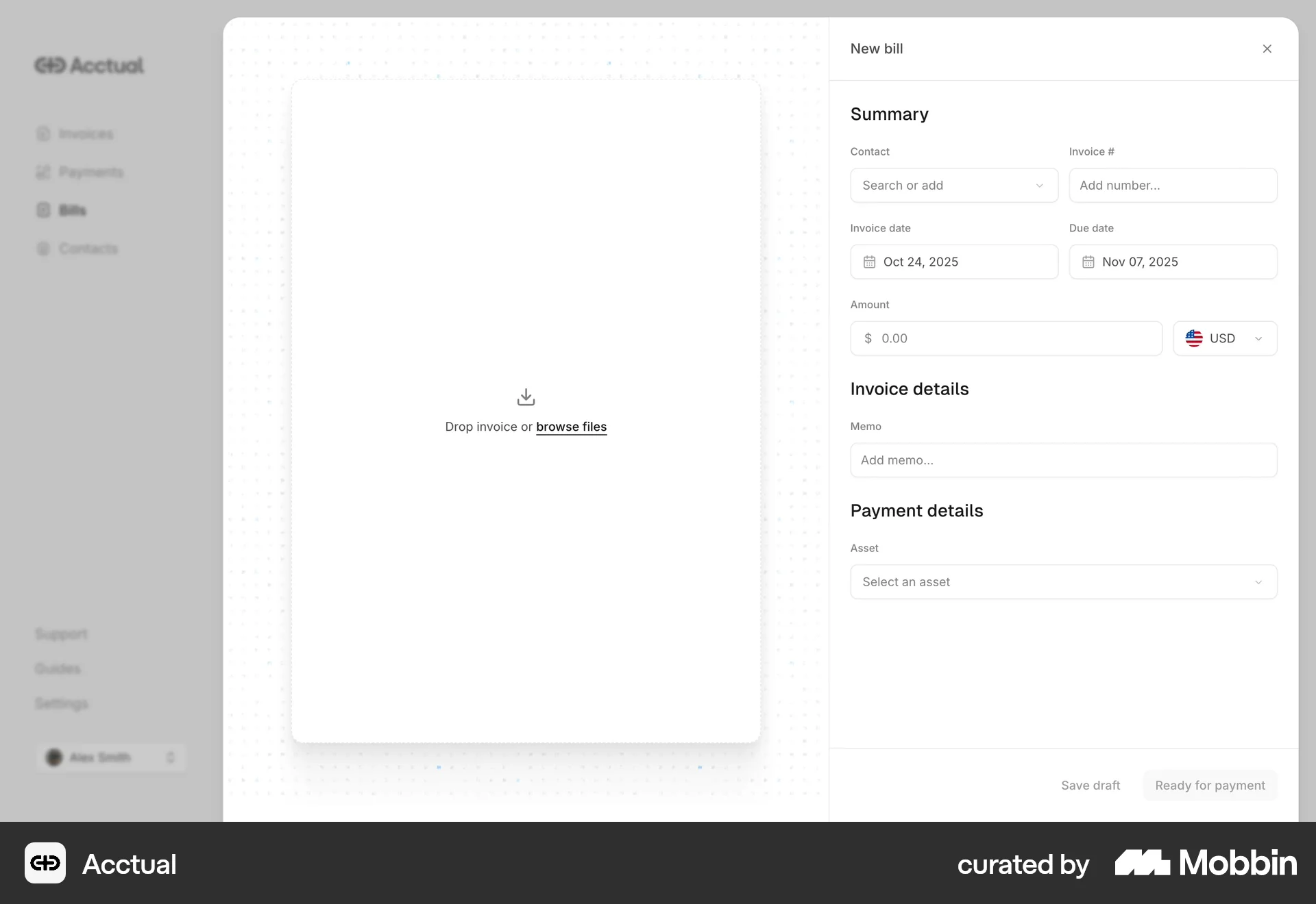 Acctual Web screen containing File Upload UI element