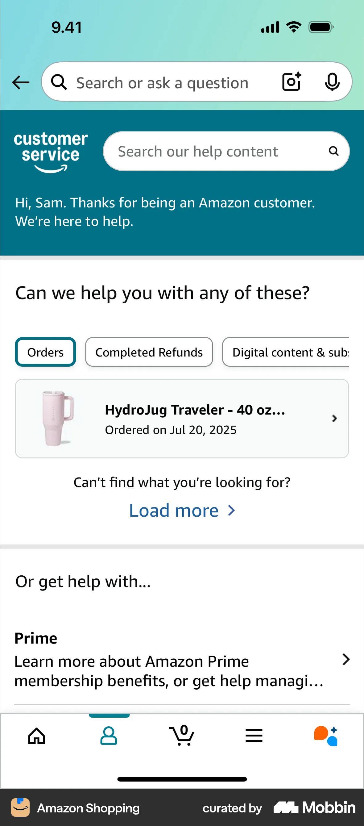 Amazon Shopping iOS Help & Support screen