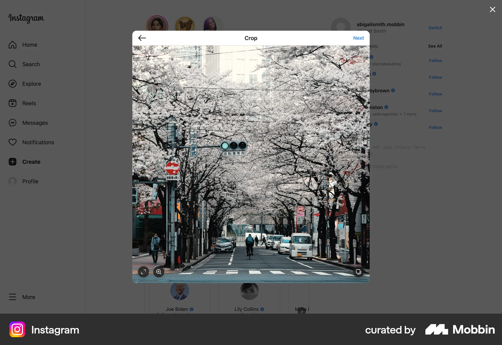 Instagram Web Media Editor screen