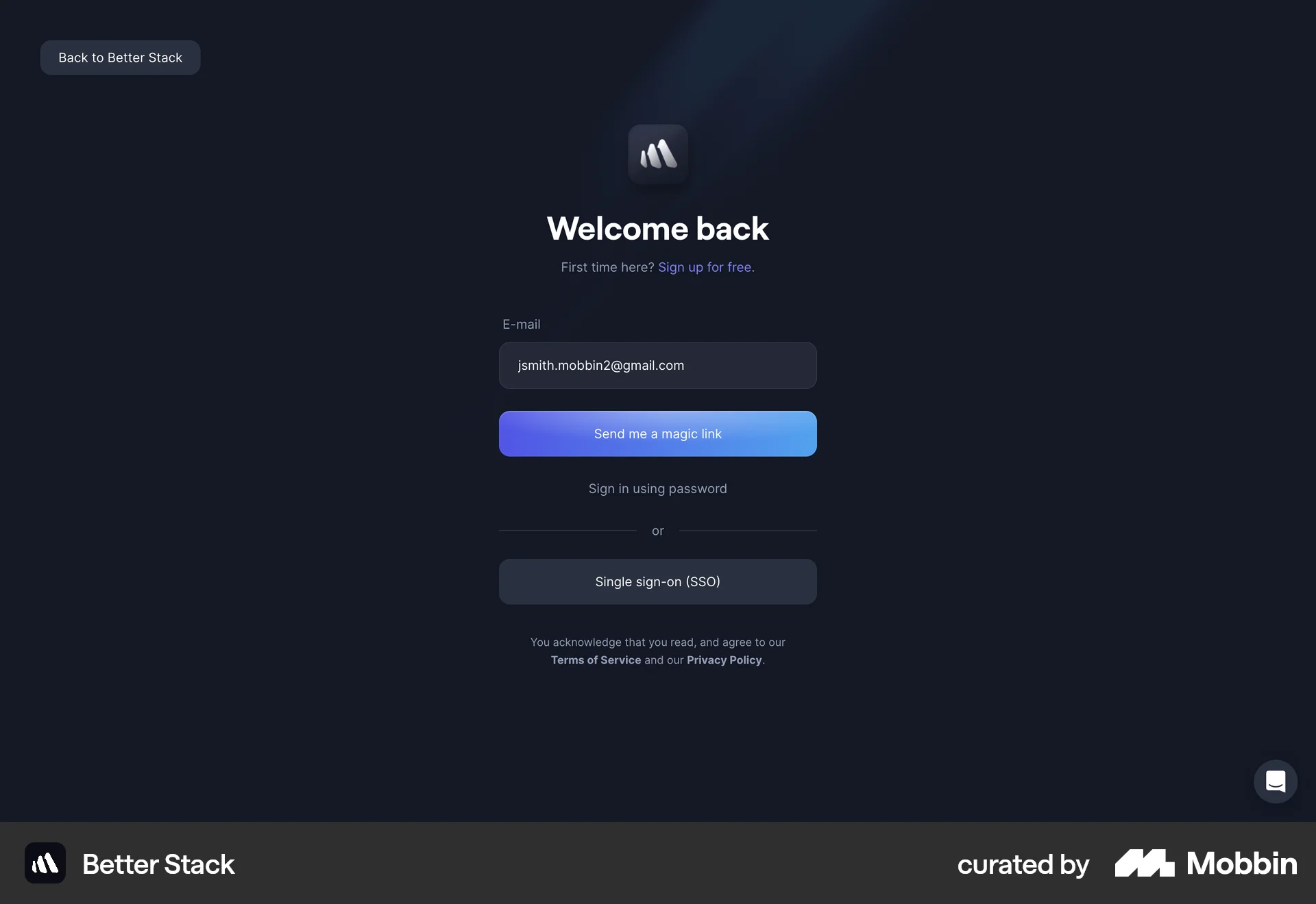 Better Stack Web Login screen