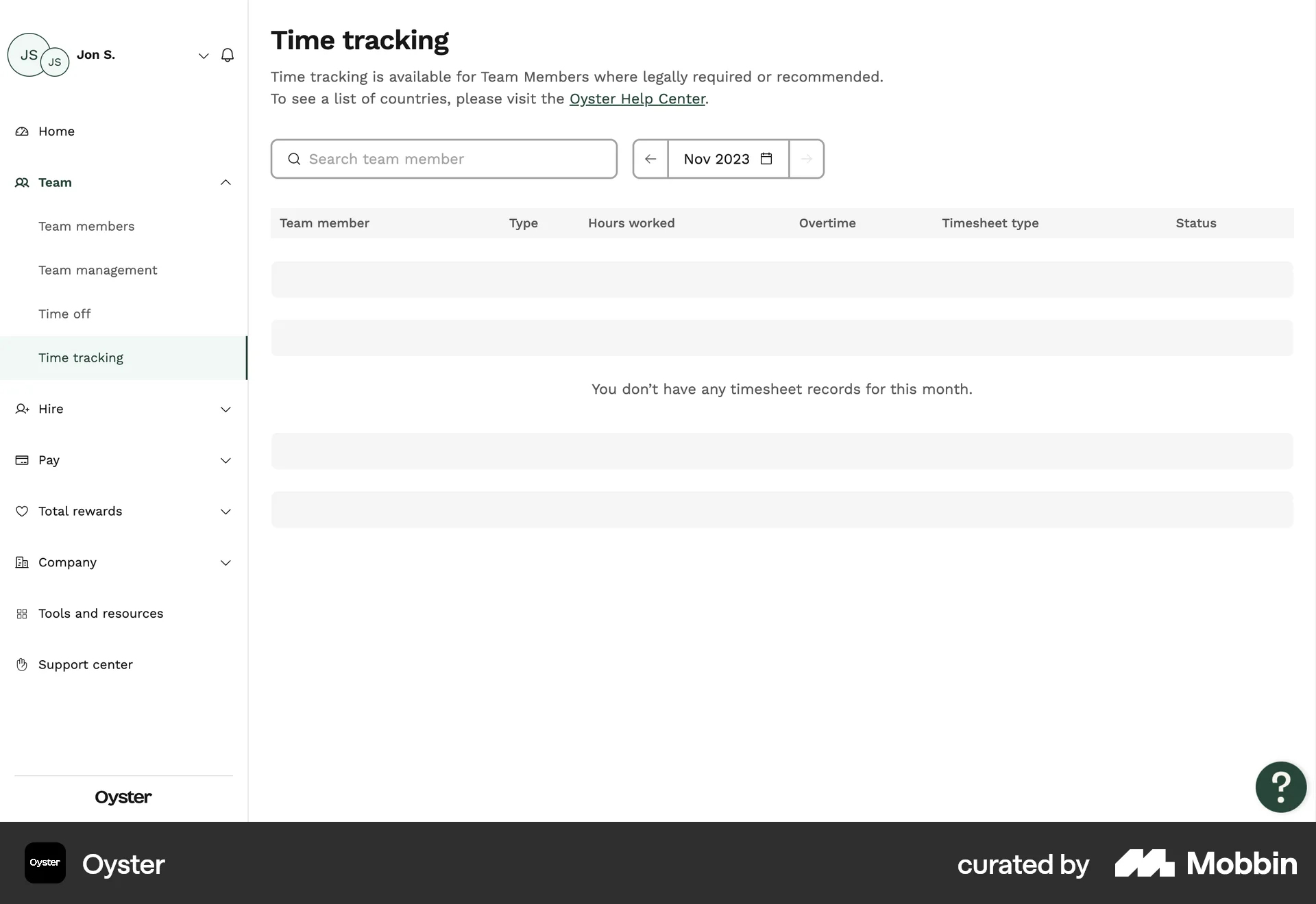 Oyster Web Time Tracker screen