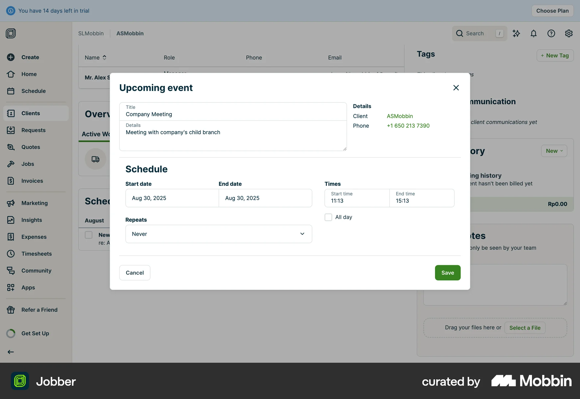 Jobber Web Schedule screen