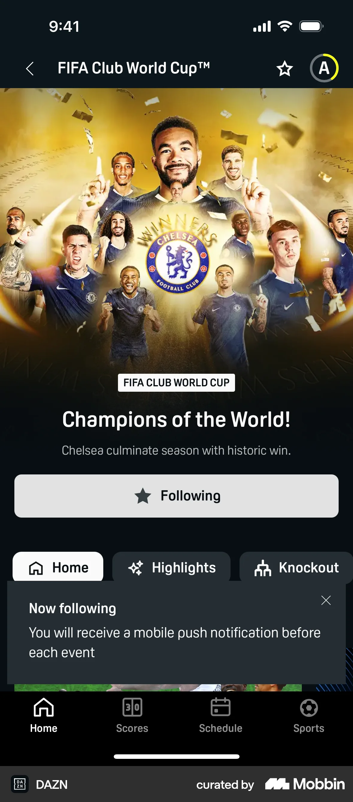DAZN iOS Follow & Subscribe screen