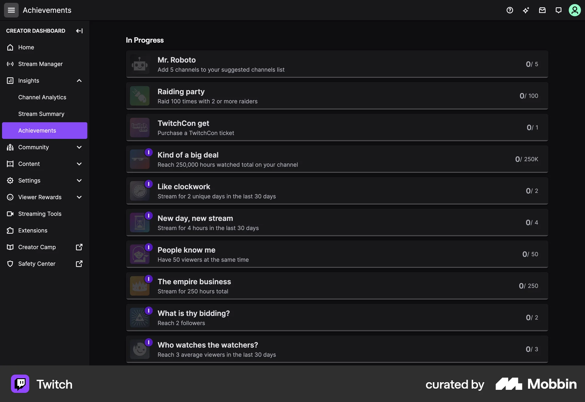 Twitch Web Achievements & Awards screen