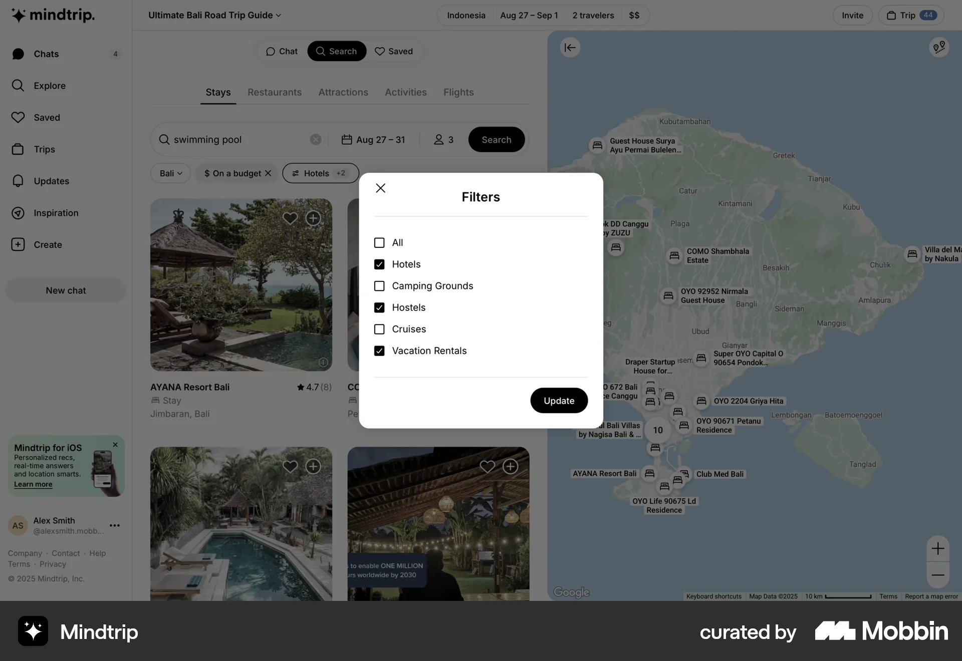 Mindtrip Web Filter & Sort screen